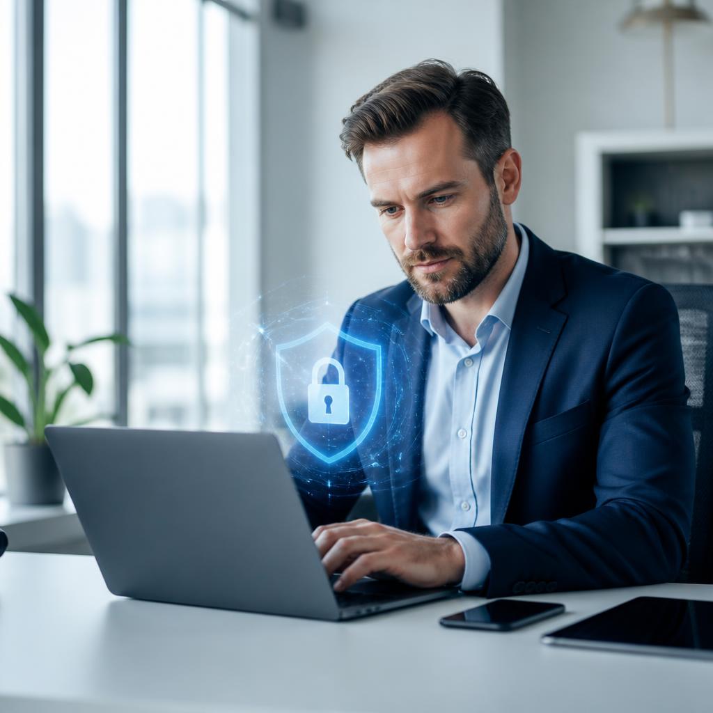 Professional in a modern enterprise office working securely, with a subtle data-protection overlay